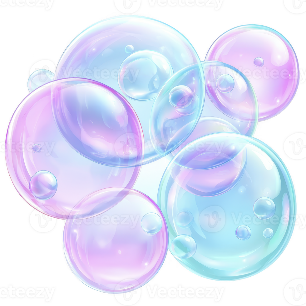 Colorful translucent soap bubbles with mix of pink, blue, and purple hues create whimsical and playful atmosphere. bubbles overlap, showcasing their delicate and iridescent nature png