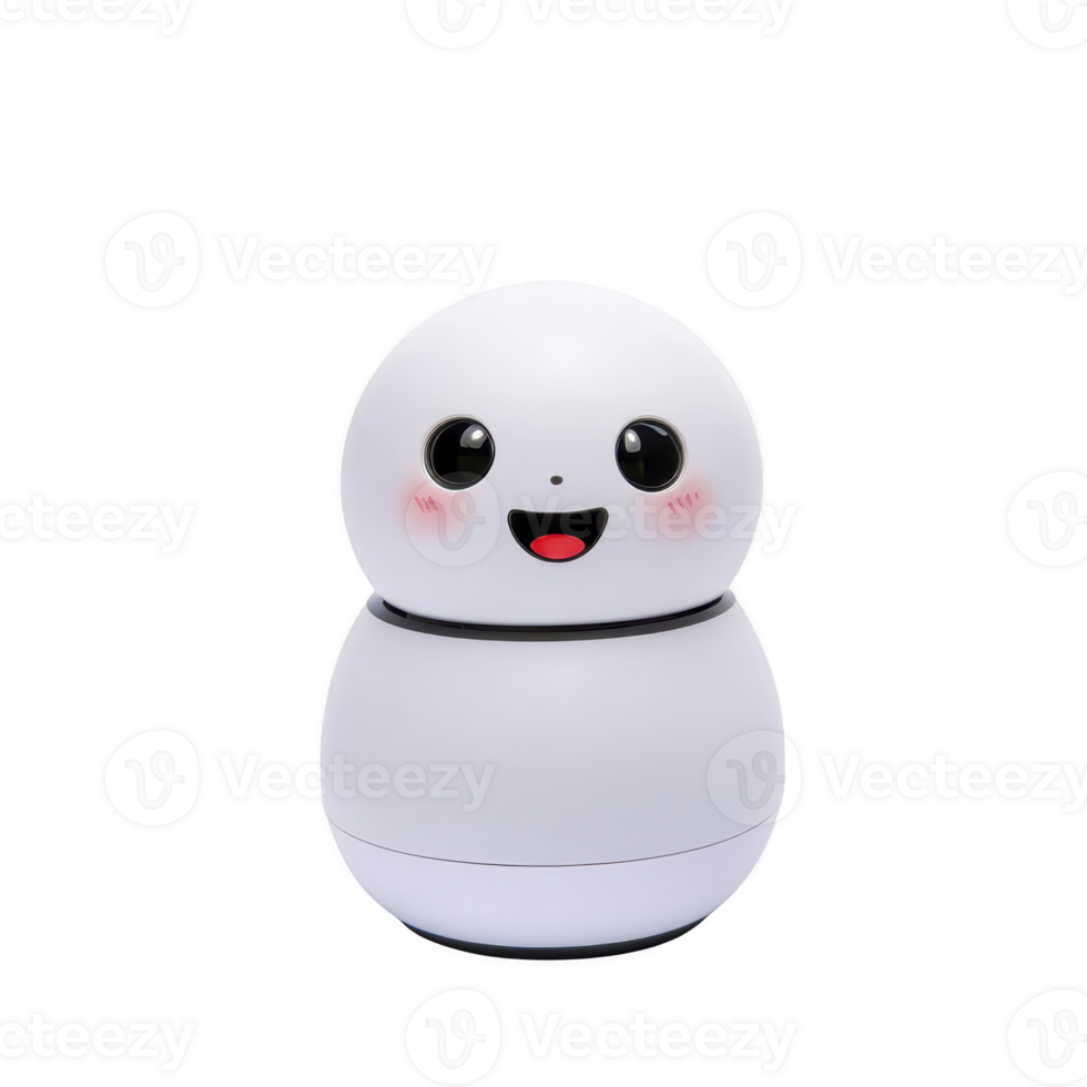 cute, white, round robot with smiling face and blushing cheeks stands against plain background, exuding friendly and approachable vibe png