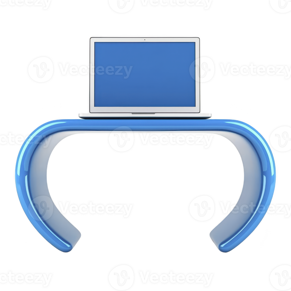 sleek, modern laptop with blue screen sits on futuristic, curved blue desk, creating minimalist and innovative workspace. design emphasizes simplicity and elegance png