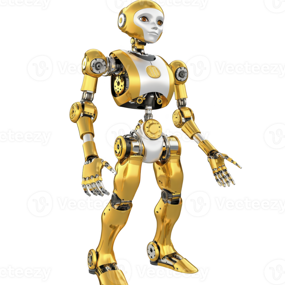 humanoid robot with sleek gold and white design stands upright, showcasing intricate mechanical joints and futuristic appearance. Its expressive face adds touch of personality png