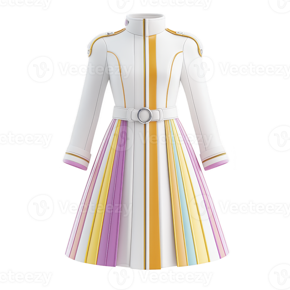 stylish white coat with colorful vertical stripes and belted waist, featuring long sleeves and high collar, exudes modern and vibrant fashion statement png
