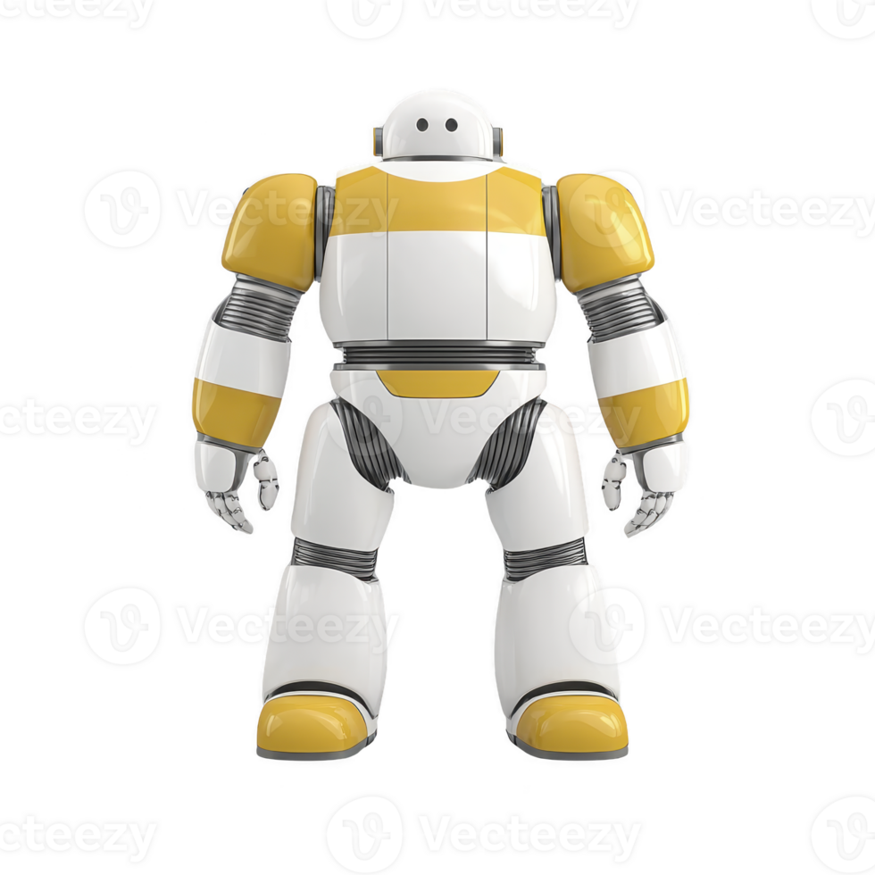 friendly, humanoid robot with white and yellow design stands upright, showcasing its futuristic and sleek appearance. robot rounded features and smooth surfaces give it modern and approachable png
