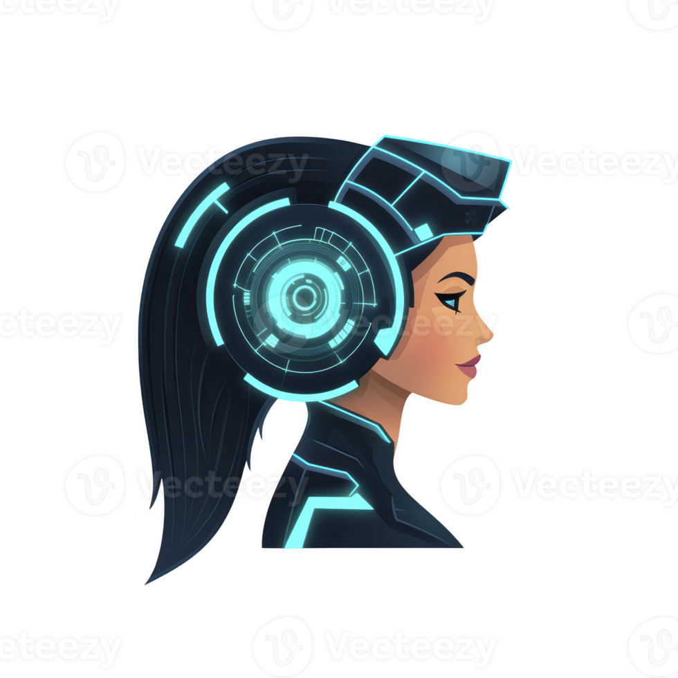 futuristic illustration of woman with glowing blue cybernetic headgear, showcasing advanced technology and innovation. design features sleek lines and digital aesthetic png