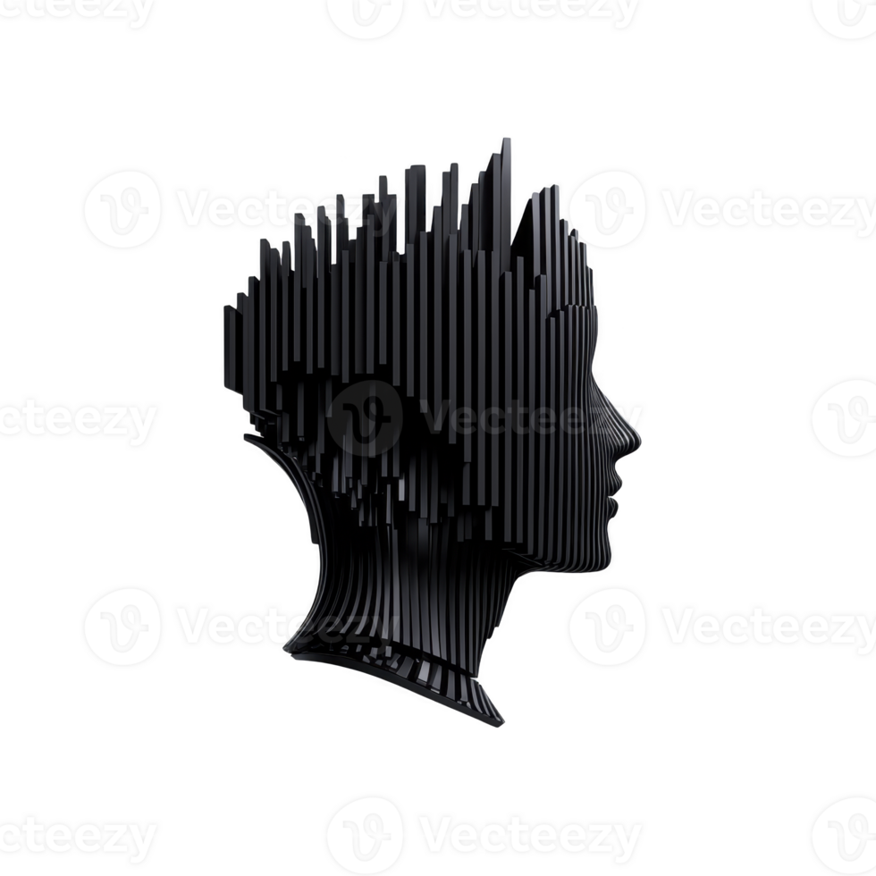 This features modern, abstract sculpture of human head silhouette, composed of vertical lines creating three dimensional effect. design is minimalist and artistic, evoking sense of contemplation png