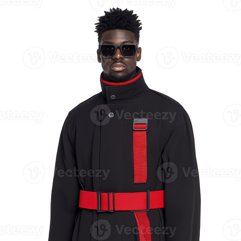 person wearing stylish black coat with red accents and sunglasses exudes confidence and modern fashion. coat features high collar and bold red belt, adding striking contrast png