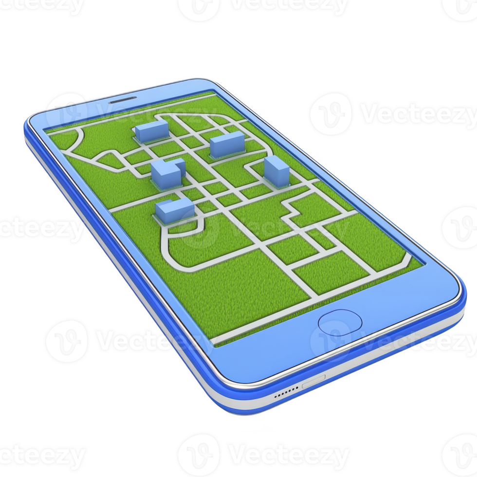 smartphone displaying 3D city map with buildings and streets, symbolizing navigation and technology. map is vibrant and detailed, highlighting urban planning and digital innovation png