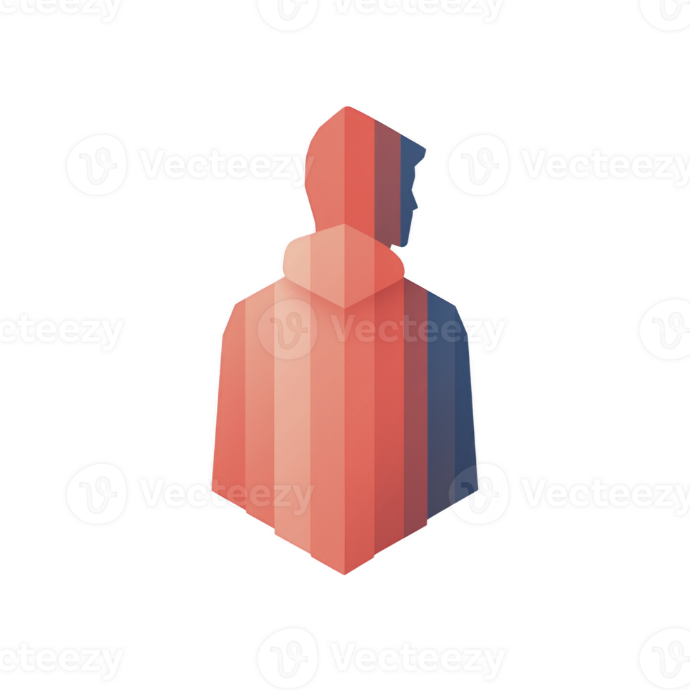 This features stylized silhouette of person with hood, composed of vertical red and blue stripes, creating modern and abstract effect. design is minimalistic and visually striking.Silhouette png