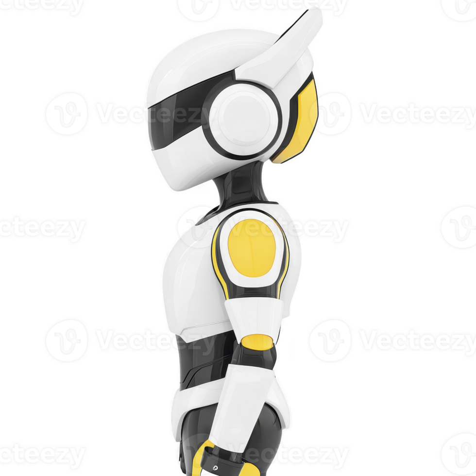 sleek, futuristic robot with white and yellow design stands in profile, showcasing its smooth, modern features and advanced technology png