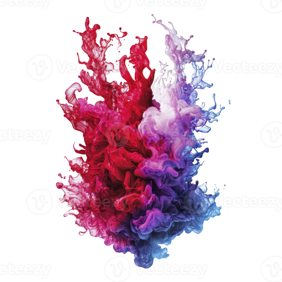 vibrant explosion of red, pink, and blue ink swirls dynamically in water, creating mesmerizing abstract pattern. colors blend seamlessly, evoking sense of fluidity and motion png