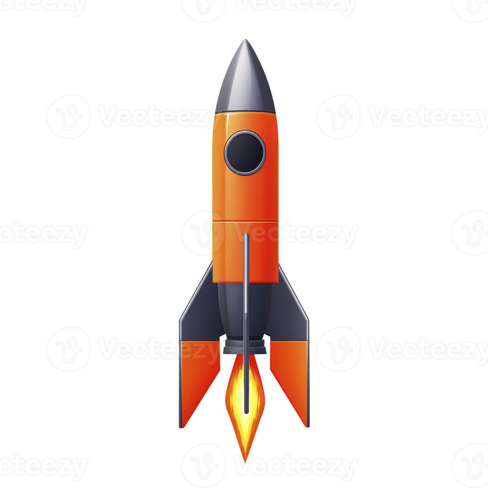 vibrant orange and gray rocket with sleek design is depicted, showcasing fiery exhaust as it appears ready for launch. image conveys sense of adventure and exploration png