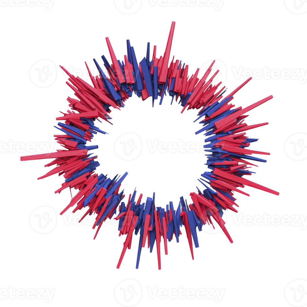 circular abstract sculpture with vibrant red and blue spikes radiating outward creates dynamic and energetic visual effect. geometric design is modern and striking png