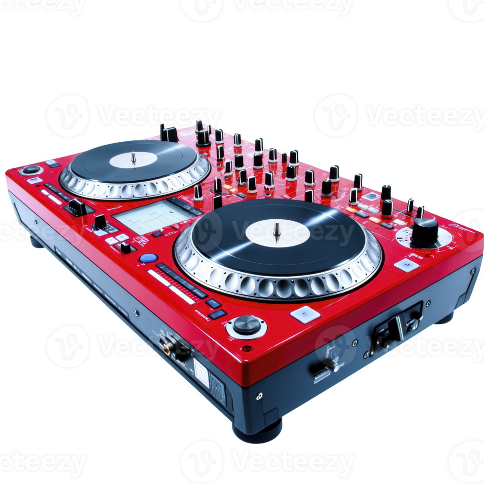 vibrant red DJ controller with dual turntables and numerous knobs and buttons, designed for mixing music and creating dynamic soundscapes. Perfect for DJs and music enthusiasts png