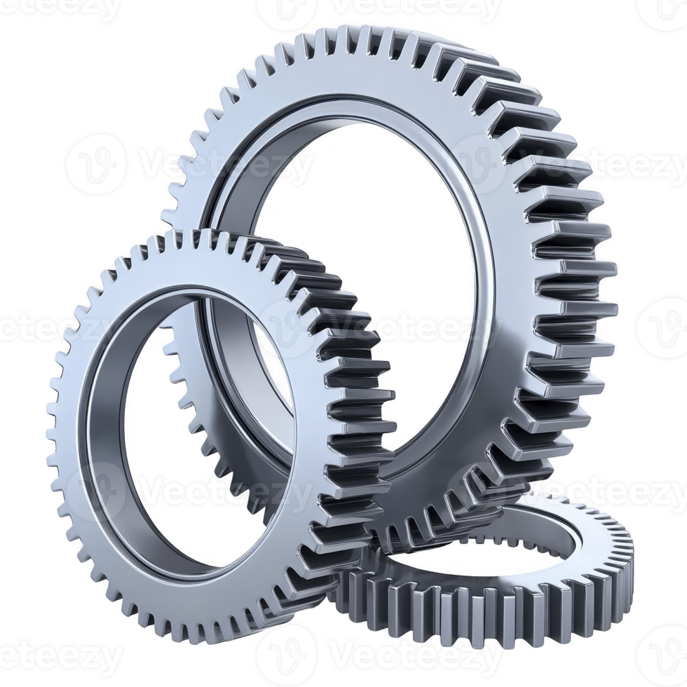 Three interlocking metallic gears with shiny silver finish are depicted, symbolizing teamwork and precision mechanical engineering. gears are positioned different angles, showcasing their png
