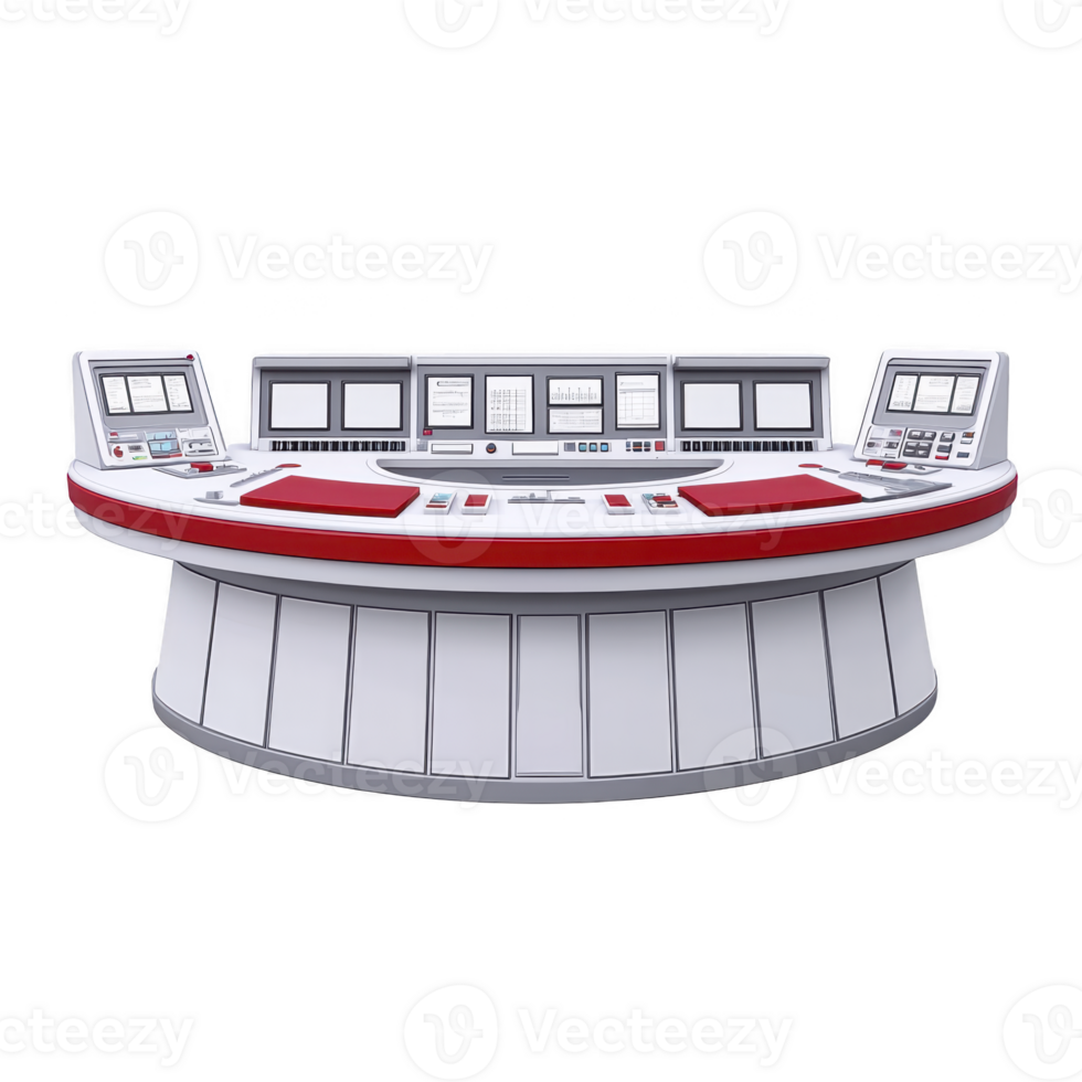 futuristic control panel with multiple screens and buttons, featuring sleek design and red accents, ideal for sci fi setting or advanced technology concept png