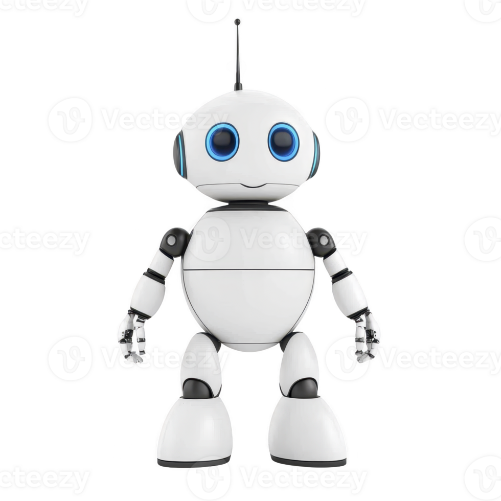 cute white robot with blue eyes and small antenna stands cheerfully, showcasing its futuristic design and friendly appearance. robot round body and articulated limbs suggest advanced technology png