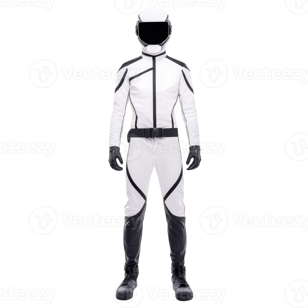 person wearing sleek white and black racing suit stands confidently, complete with matching helmet and gloves, embodying sense of speed and precision png