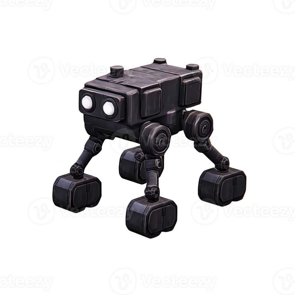 small, black, four legged robot with glowing eyes stands on transparency background, showcasing futuristic design. Its mechanical legs and compact body suggest advanced technology and innovation png