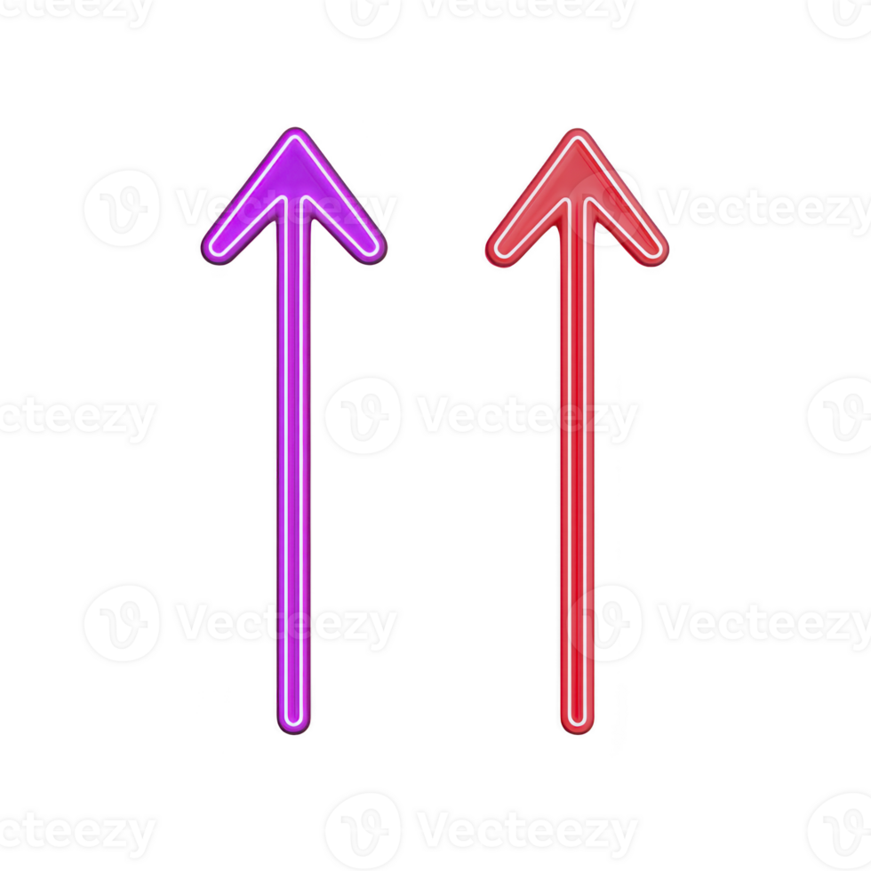 Two vibrant neon arrows, one purple and one red, pointing upwards on transparency background, creating striking and energetic visual effect png