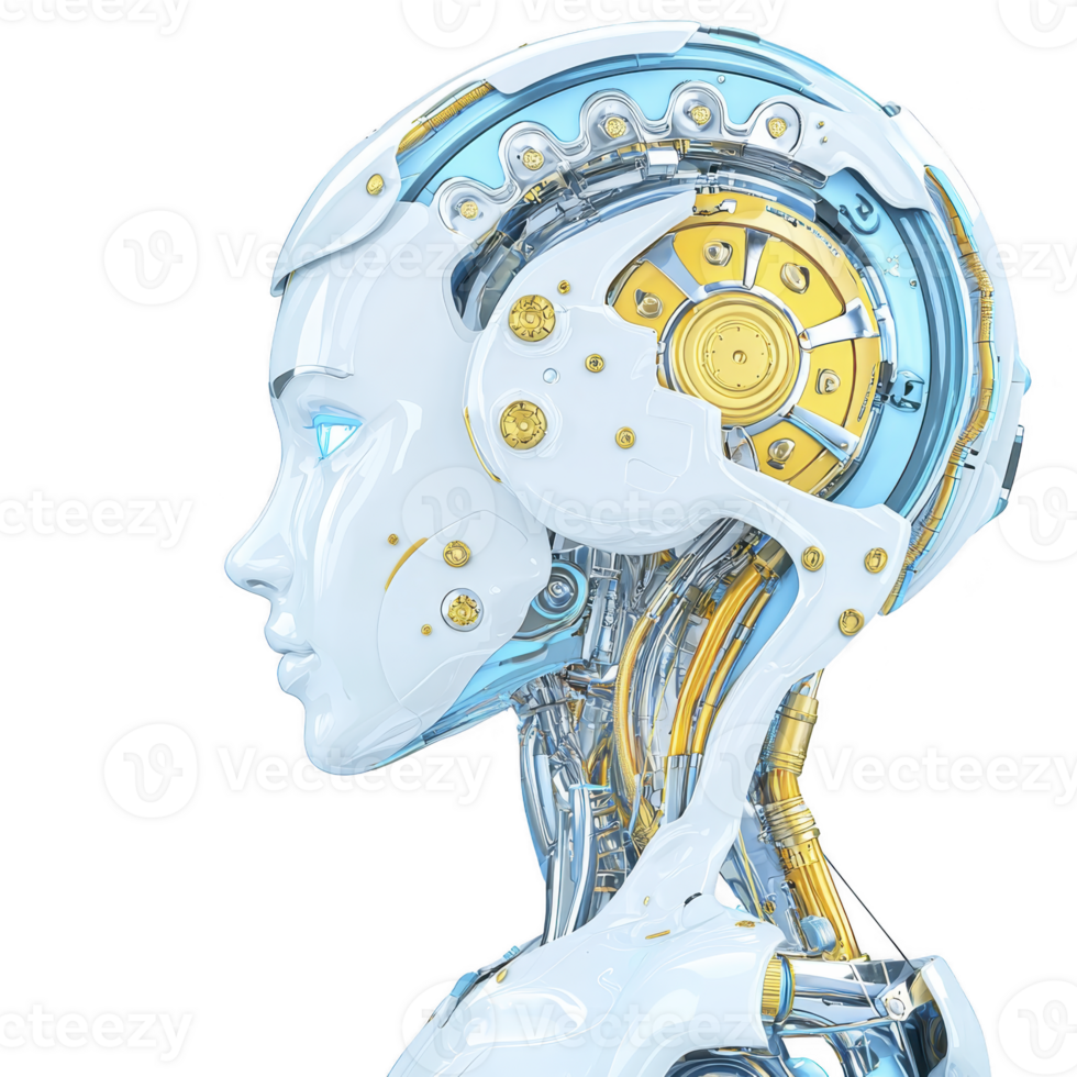futuristic humanoid robot with intricate mechanical details and sleek design, showcasing advanced technology and innovation. robot head features visible gears and circuits png