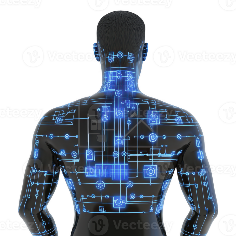 digital illustration of human figure with futuristic circuit pattern glowing in blue, symbolizing technology integration and innovation. design covers back and arms, creating sci fi aesthetic png