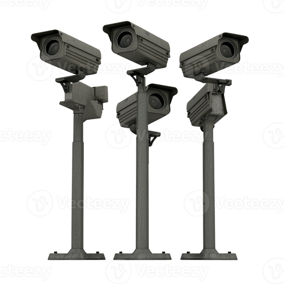 Four surveillance cameras mounted tall poles, designed for security monitoring. cameras are positioned different angles, emphasizing their functionality providing comprehensive surveillance png