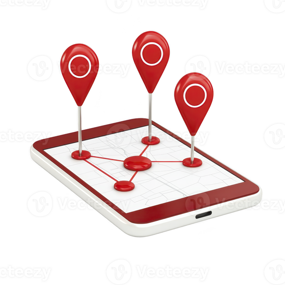 digital tablet displays map with three red location pins, symbolizing navigation and connectivity. pins are connected, indicating route or path. image conveys sense of direction and technology png