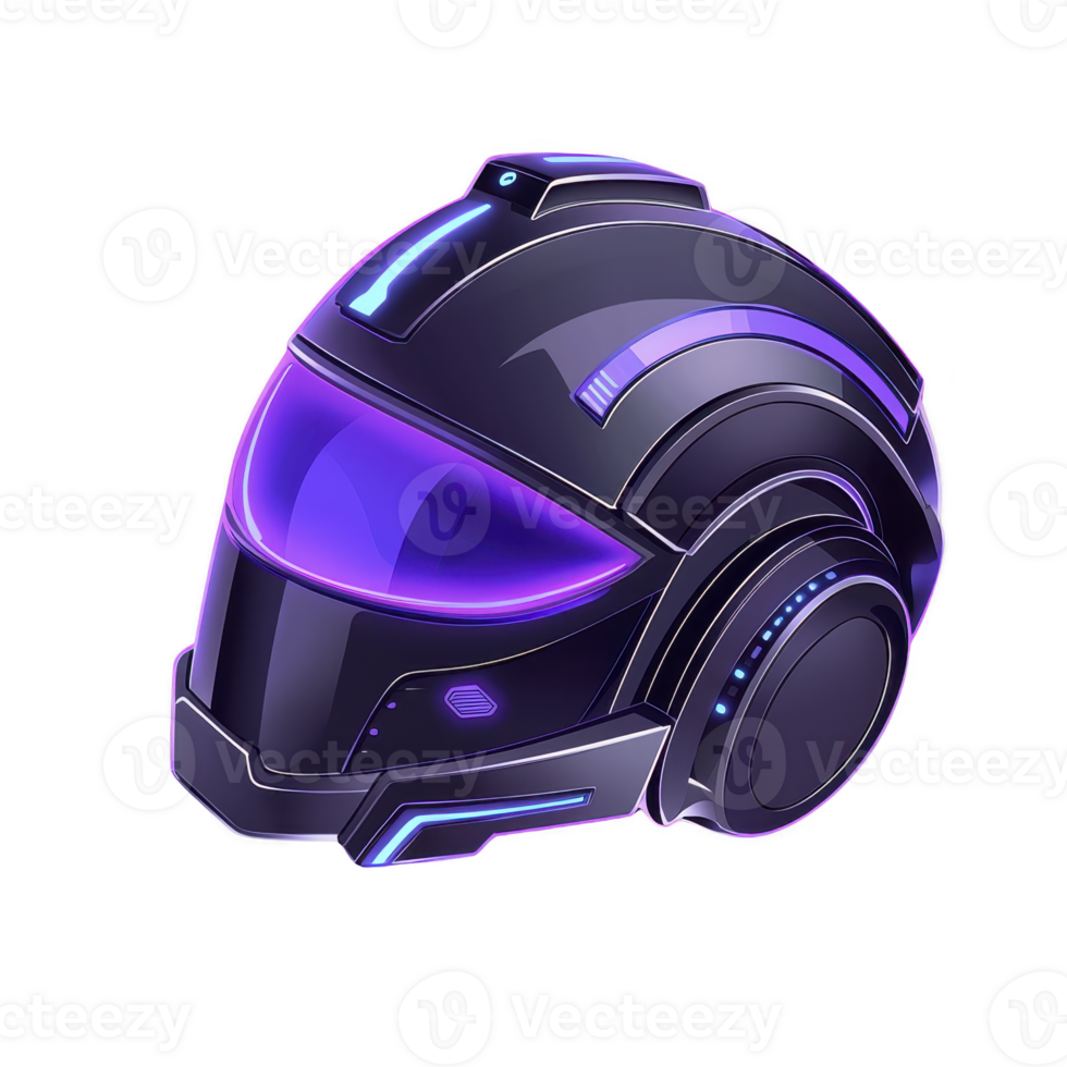Futuristic black and purple helmet with glowing accents, featuring sleek visor and advanced design elements, evokes sense of innovation and technology png
