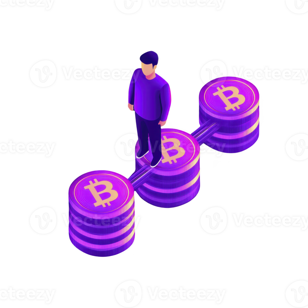 person stands confidently on bridge made of stacked Bitcoin coins, symbolizing connection and balance in cryptocurrency investment png