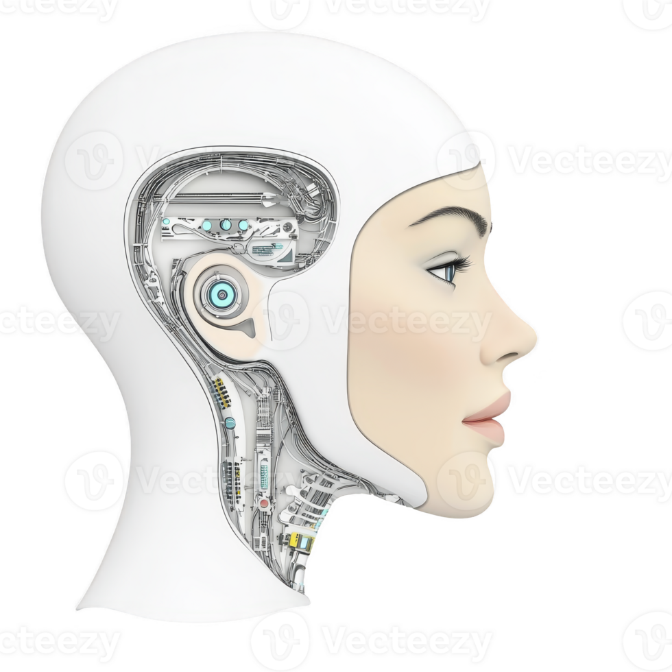 futuristic humanoid robot head with visible internal mechanisms and serene expression, showcasing advanced technology and artificial intelligence png