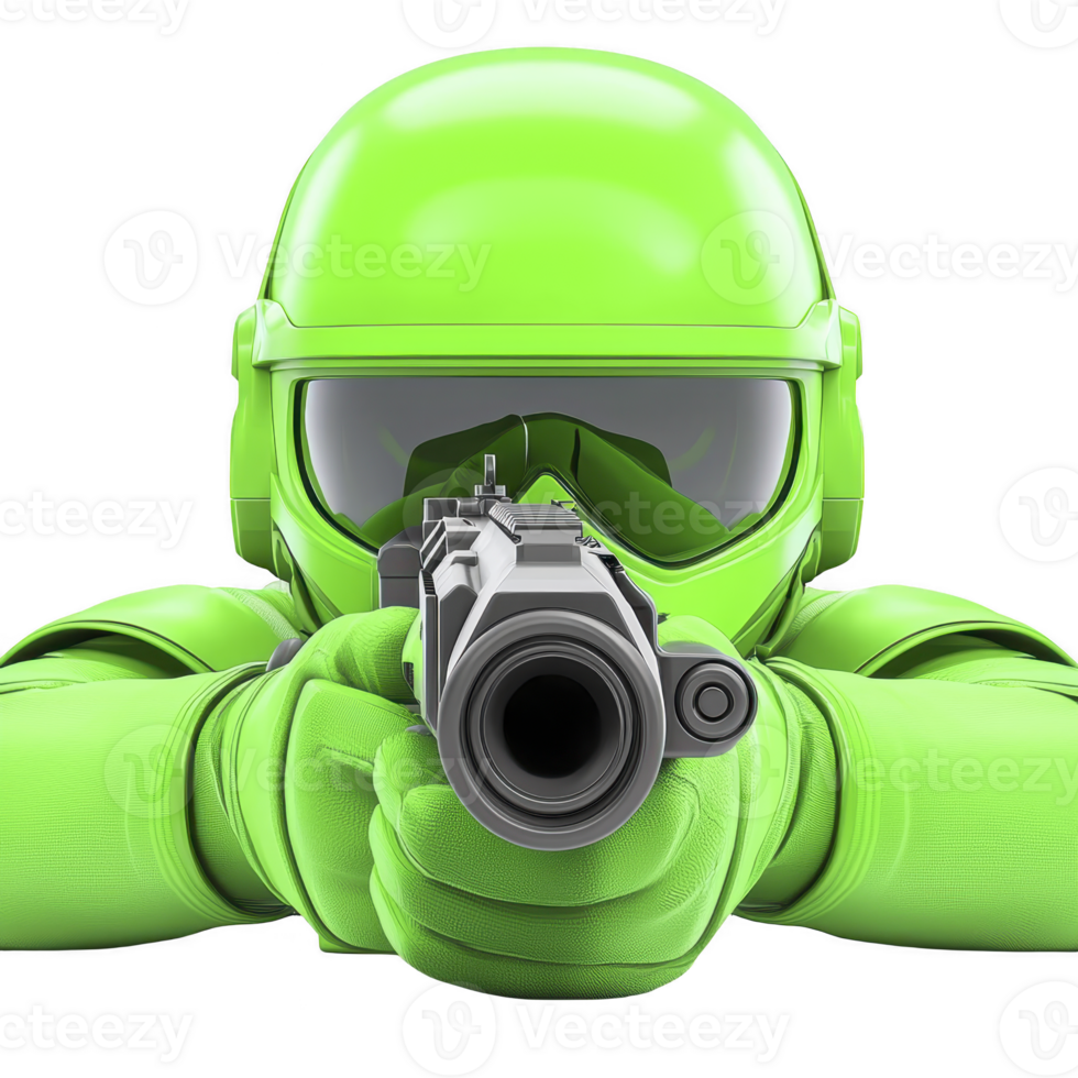 futuristic soldier in bright green armor aims weapon directly forward, showcasing sleek and modern design. helmet and visor add high tech feel to intense and focused stance png