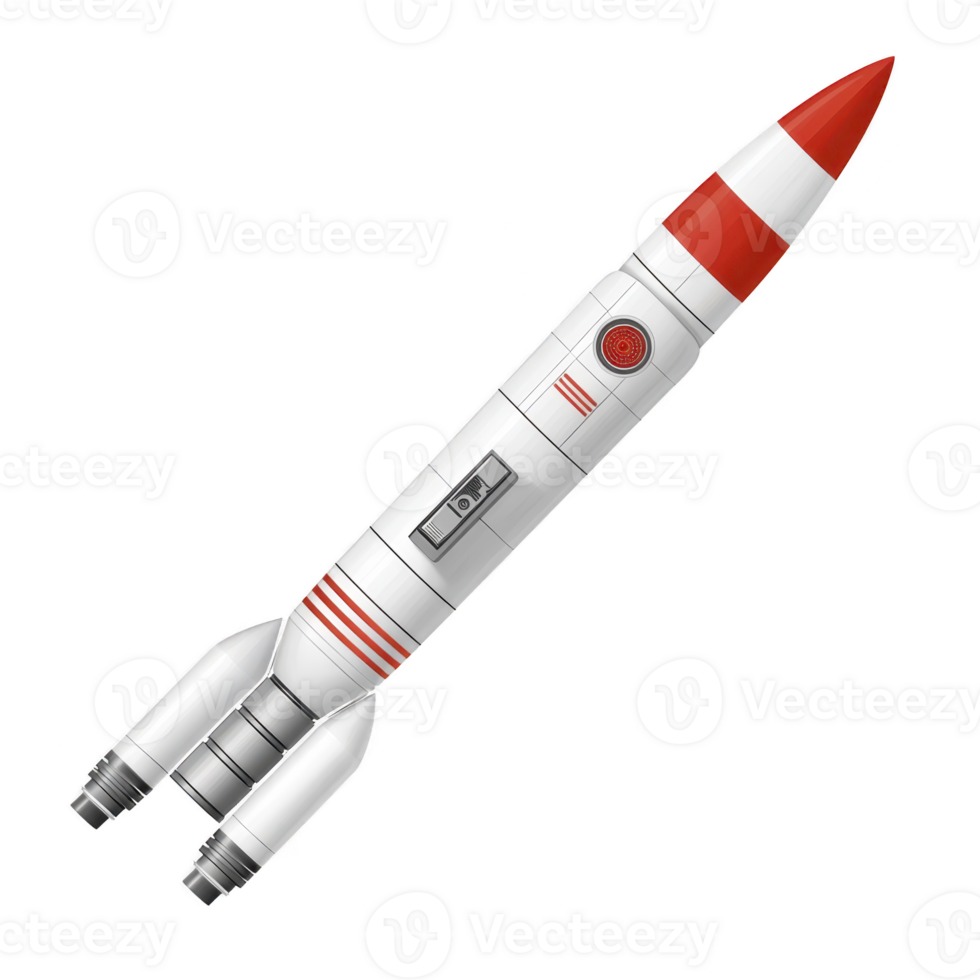 sleek, red and white rocket with retro design, featuring fins and pointed nose, ready for launch into space. rocket classic style evokes sense of adventure and exploration png
