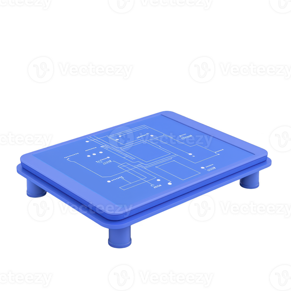 blue electronic circuit board with detailed schematic design is displayed on rectangular platform. board features various lines and nodes, representing connections and components png