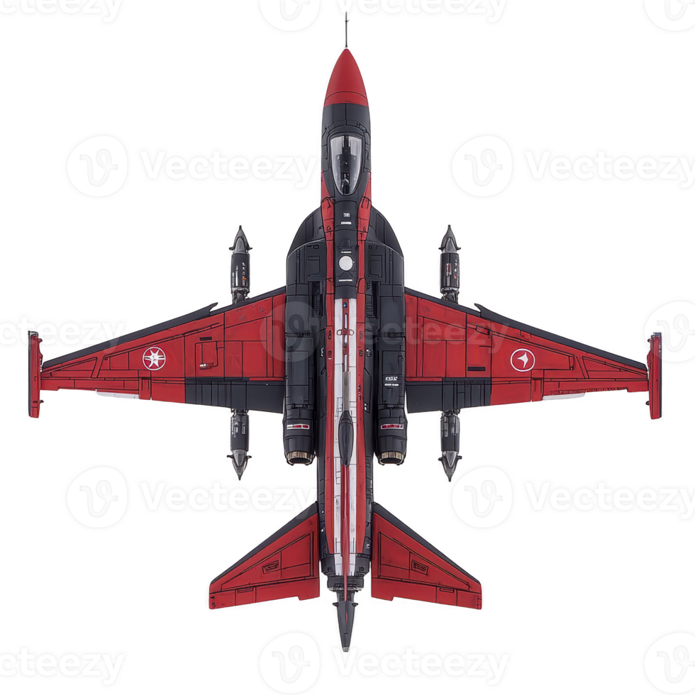 red and black fighter jet is viewed from above, showcasing its sleek design and aerodynamic shape. aircraft features distinctive markings its wings and fuselage, emphasizing its military purpose png