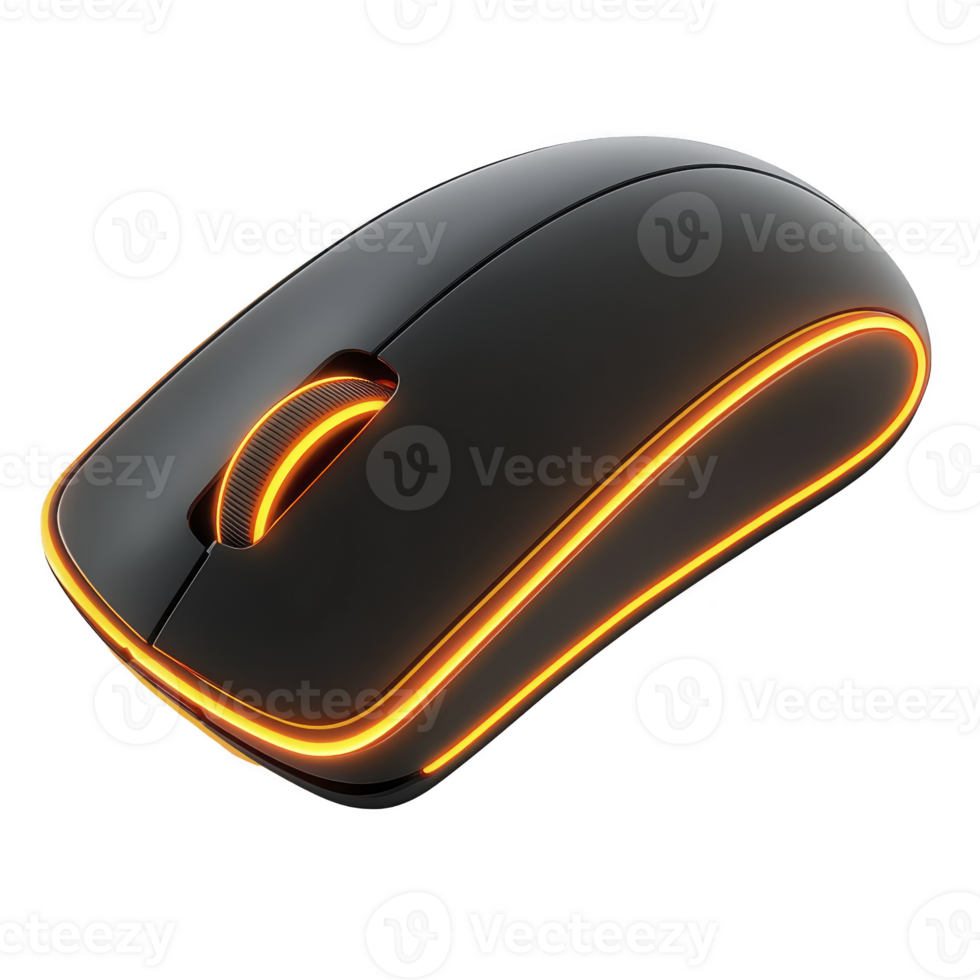sleek black computer mouse with glowing orange LED accents, featuring scroll wheel and ergonomic design, perfect for gaming or office use png
