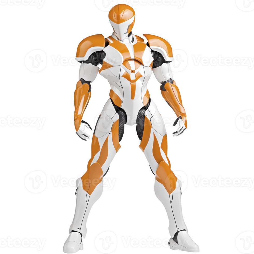 futuristic humanoid robot stands confidently, featuring sleek design with orange and white armor. robot advanced technology and dynamic pose suggest agility and strength png