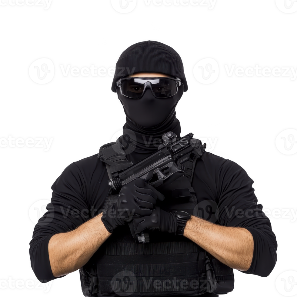 person dressed in black tactical gear, wearing balaclava and sunglasses, holds firearm confidently. attire suggests sense of mystery and readiness for action png