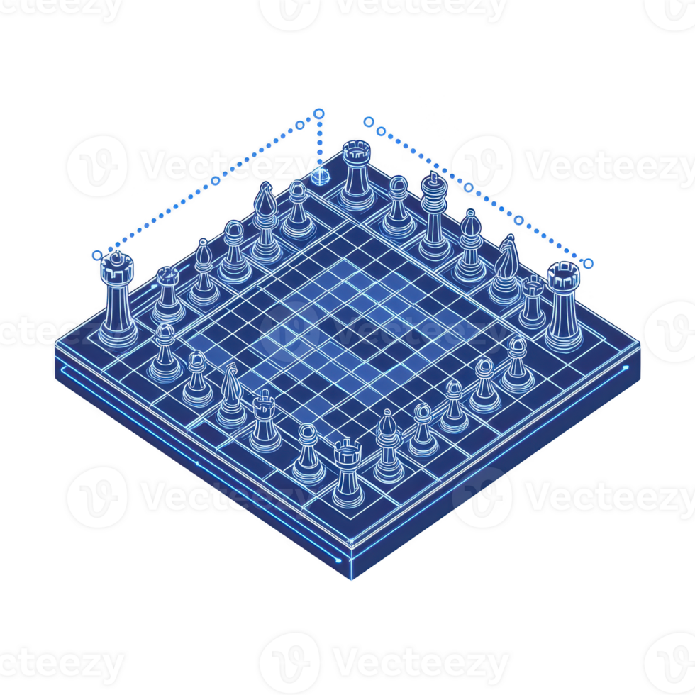 digital illustration of glowing blue chessboard with pieces arranged for game, showcasing futuristic and strategic theme. design highlights modern, tech inspired aesthetic png