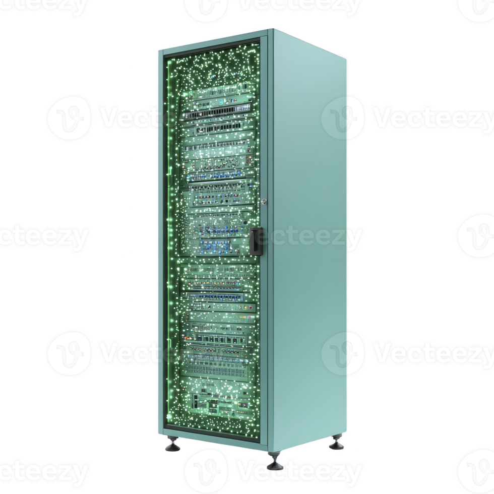 tall, sleek server rack stands with glowing green lights, indicating active data processing. modern design and digital display suggest advanced technology, ideal for data centers png