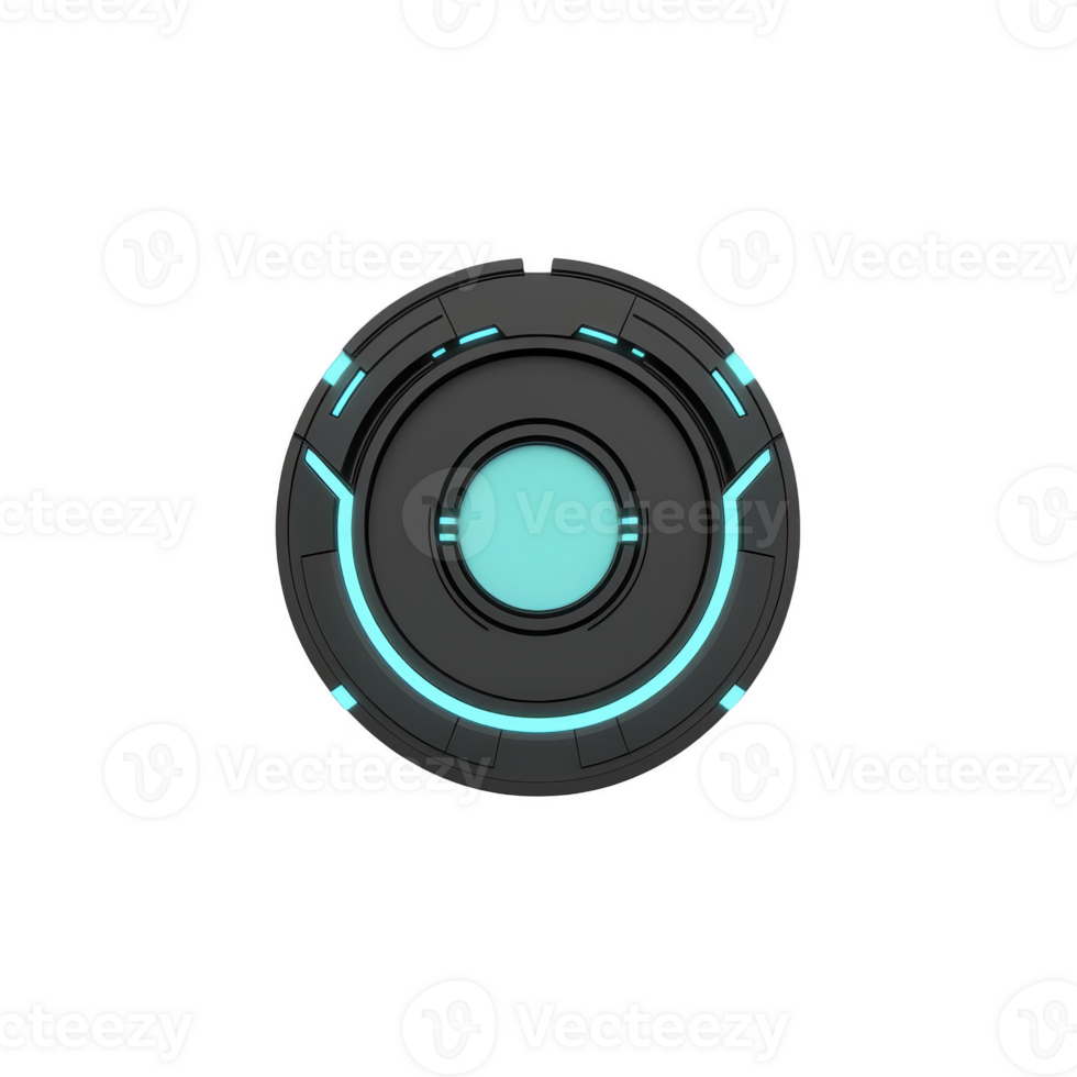 futuristic circular device with glowing blue accents and sleek black design, resembling advanced technology or sci fi gadget. central blue circle adds modern touch png