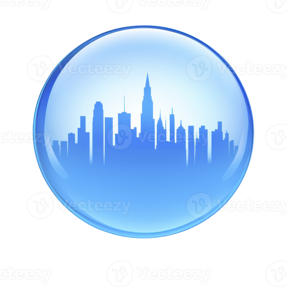 blue circular icon features city skyline silhouette, creating modern and urban feel. skyline is enclosed within glossy sphere, giving futuristic and sleek appearance png