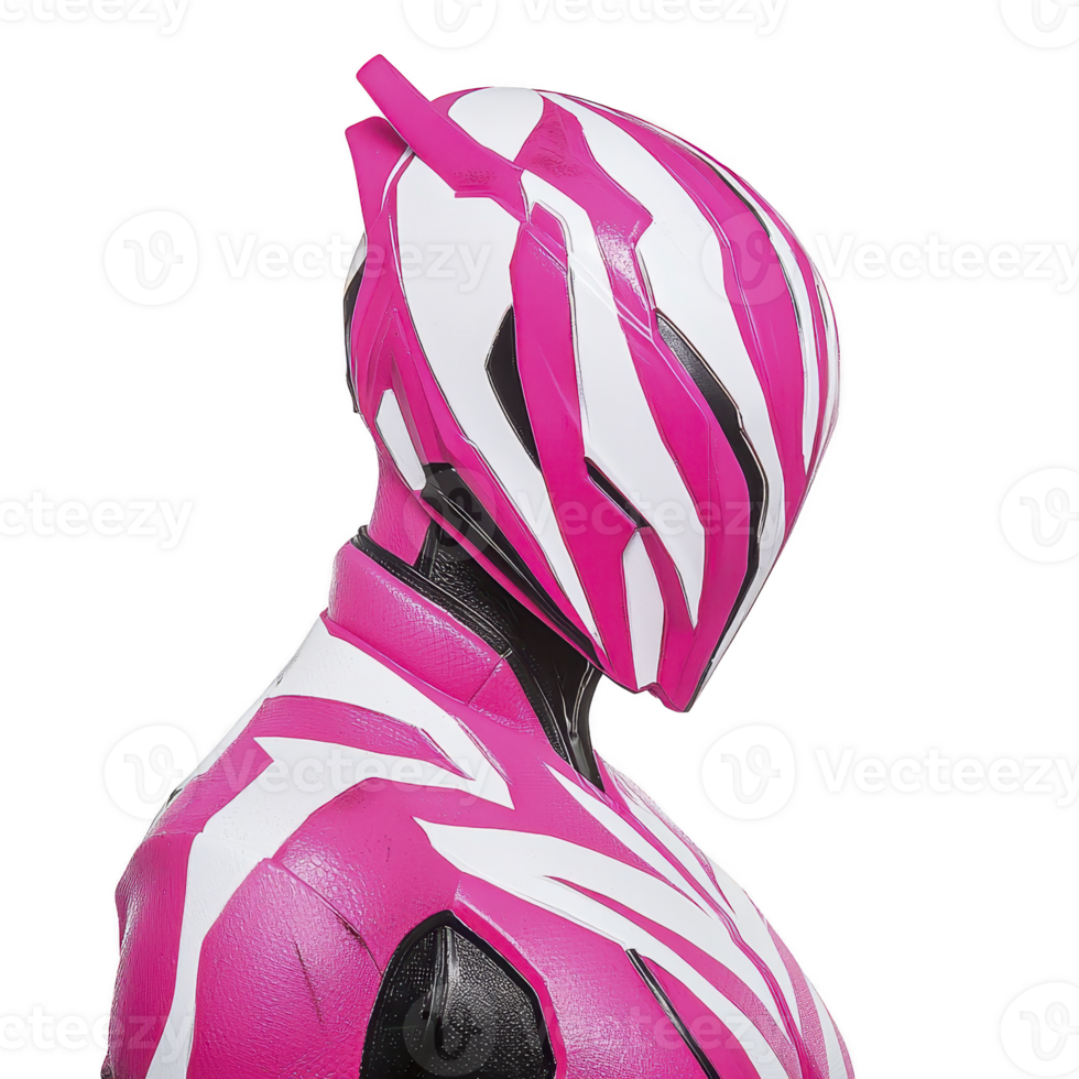 futuristic helmet with sleek design features bold pink and white stripes, creating dynamic and modern look. helmet smooth contours and vibrant colors suggest speed and innovation png