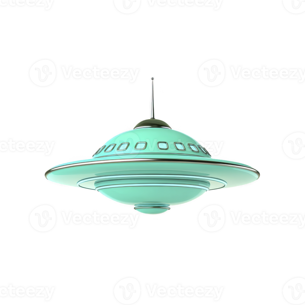futuristic, teal colored UFO with classic saucer shape and antenna, floating against transparency background, evokes sense of mystery and science fiction png