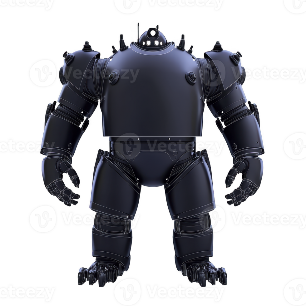 large, dark, humanoid robot with bulky design and rounded features stands against transparency background, showcasing its mechanical structure and imposing presence png