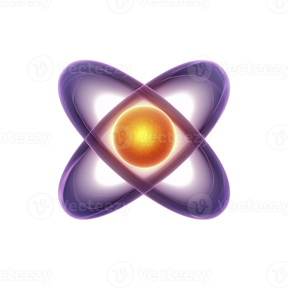 abstract representation of atom with glowing nucleus and orbiting electrons, symbolizing energy and science. vibrant colors and dynamic design convey sense of innovation png
