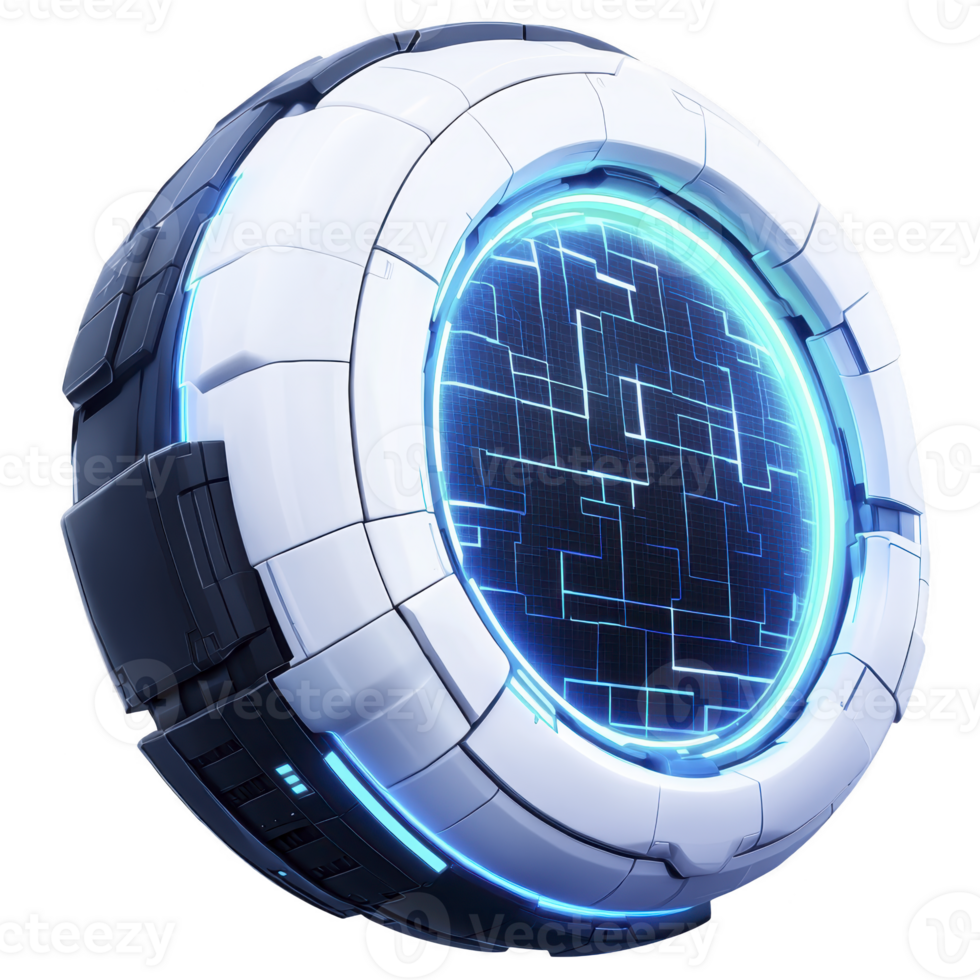 futuristic, glowing blue and white circular device with intricate digital patterns, evoking sense of advanced technology and innovation png