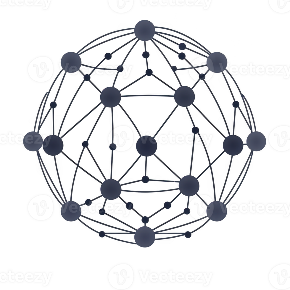 complex network of interconnected nodes forms spherical structure, symbolizing connectivity and communication. dark blue nodes are linked by lines, creating web like pattern png