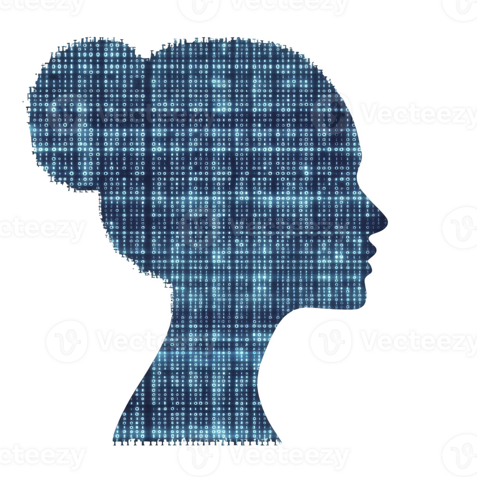 digital silhouette of woman profile is filled with binary code, symbolizing intersection of technology and human identity. image conveys futuristic and tech savvy theme png