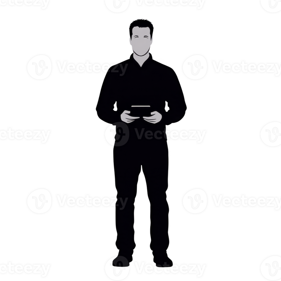 silhouette of person holding tablet, standing upright. figure is depicted minimalist style, emphasizing outline and posture. background is plain, highlighting silhouette form and object their png