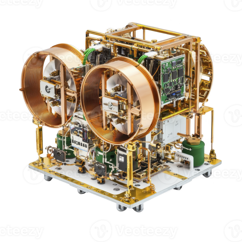 complex electronic device featuring intricate copper coils and circuit boards, showcasing advanced technology and engineering. design is detailed and precise, highlighting innovation png