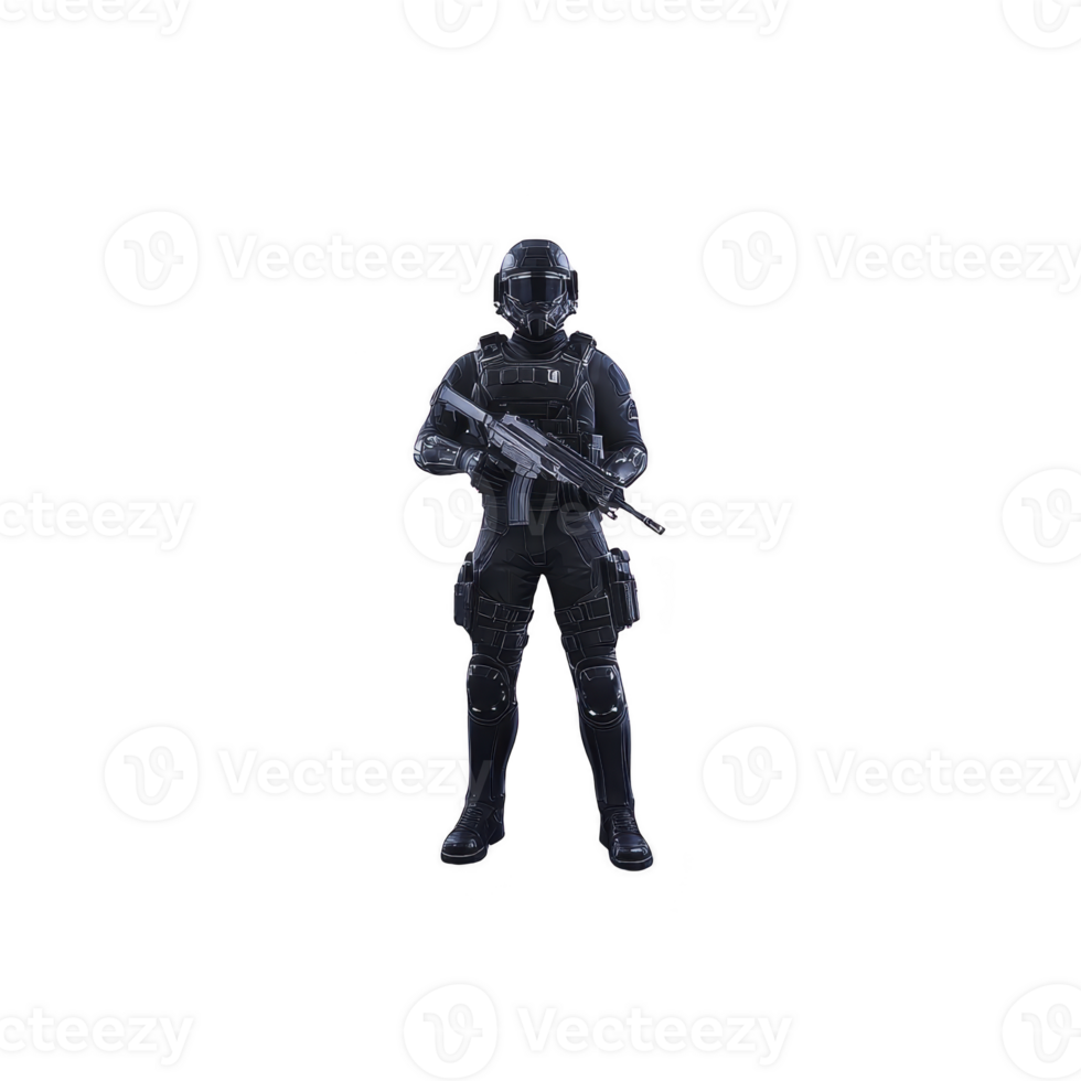 futuristic soldier in full armor stands confidently holding weapon, showcasing advanced military gear. dark, sleek design emphasizes modern, tactical appearance png